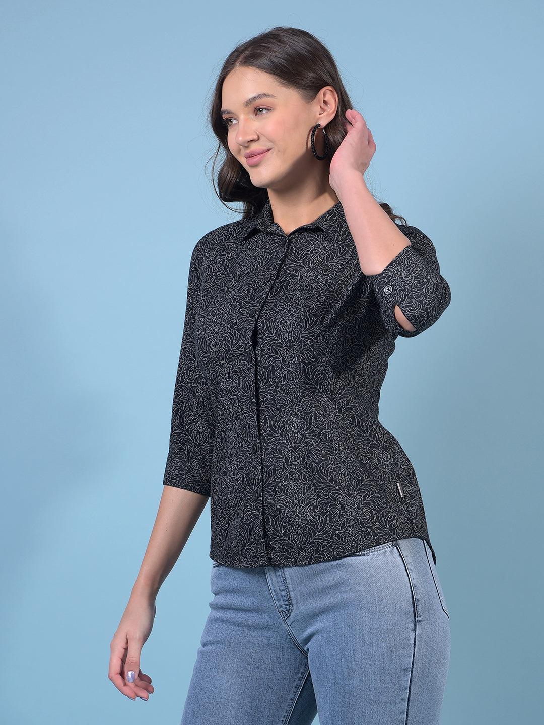 Women's Black Floral Print Shirt-Women Shirts-Crimsoune Club