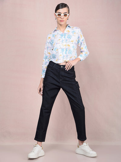 Green Floral Print Crop Linen Shirt-Women Shirts-Crimsoune Club