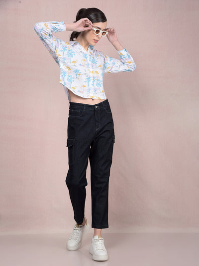 Green Floral Print Crop Linen Shirt-Women Shirts-Crimsoune Club