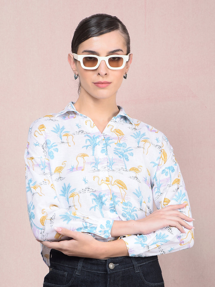 Green Floral Print Crop Linen Shirt-Women Shirts-Crimsoune Club