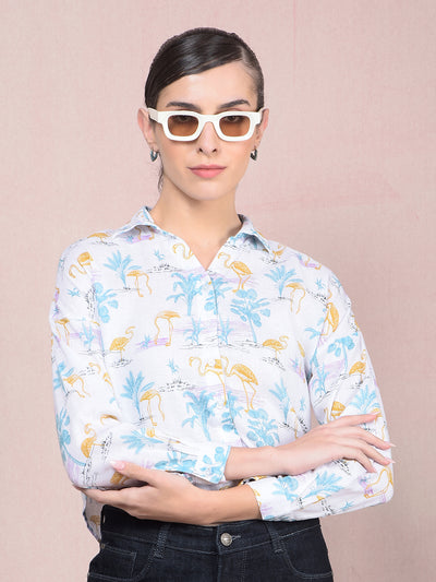 Green Floral Print Crop Linen Shirt-Women Shirts-Crimsoune Club