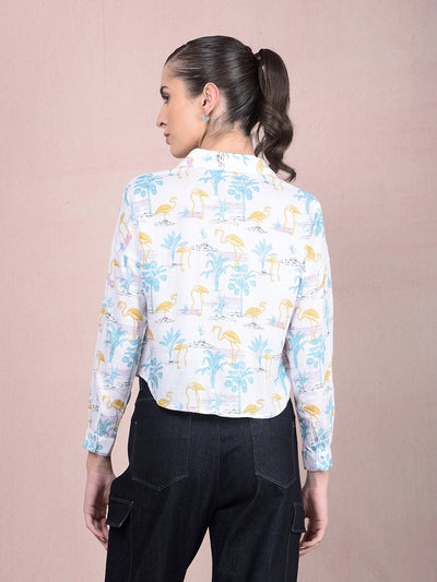 Green Floral Print Crop Linen Shirt-Women Shirts-Crimsoune Club