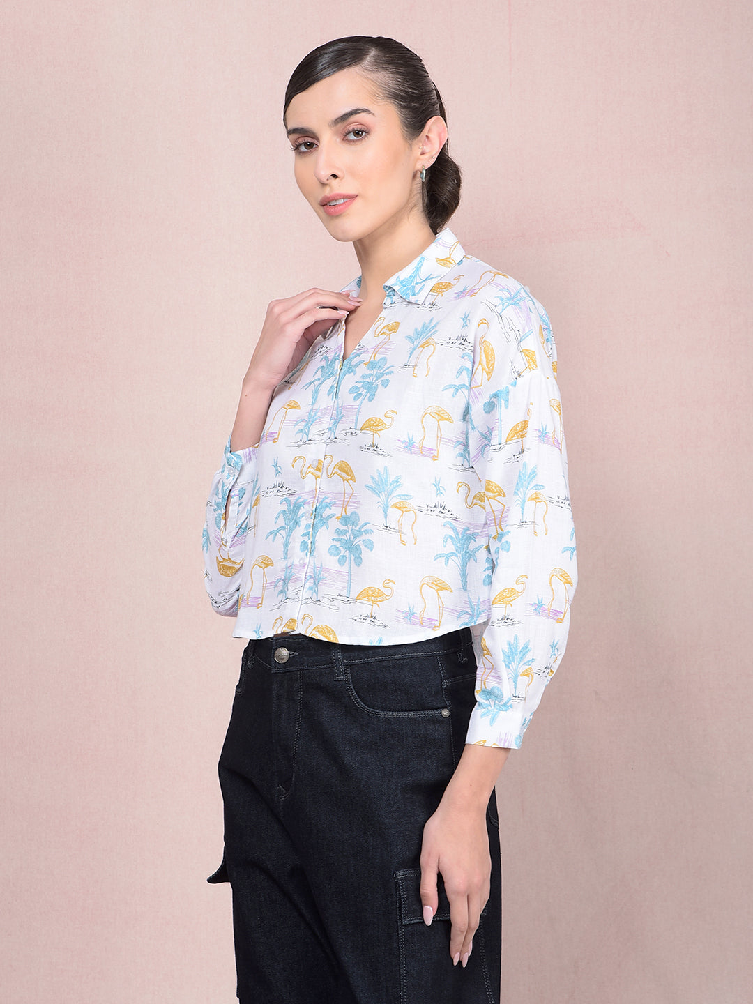 Green Floral Print Crop Linen Shirt-Women Shirts-Crimsoune Club