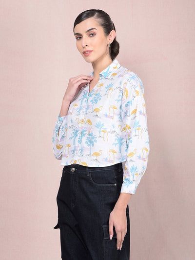 Green Floral Print Crop Linen Shirt-Women Shirts-Crimsoune Club