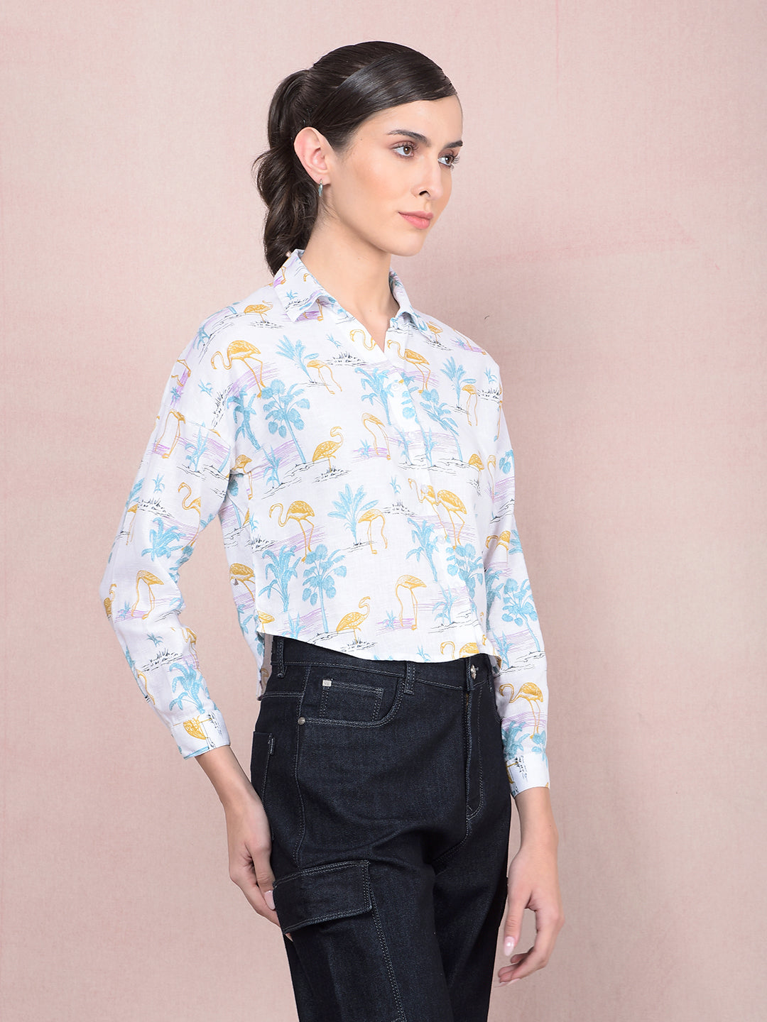 Green Floral Print Crop Linen Shirt-Women Shirts-Crimsoune Club