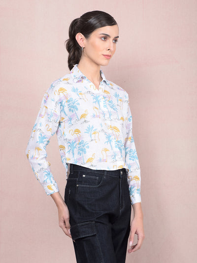 Green Floral Print Crop Linen Shirt-Women Shirts-Crimsoune Club
