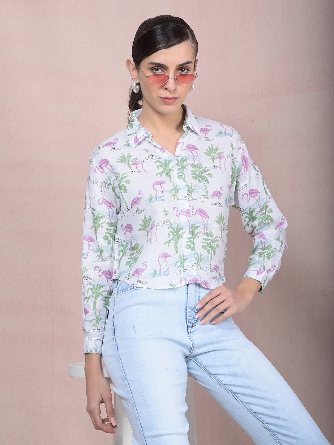 Green Floral Print Crop Linen Shirt-Women Shirts-Crimsoune Club