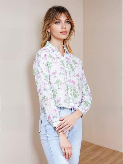 Green Floral Print Crop Linen Shirt-Women Shirts-Crimsoune Club