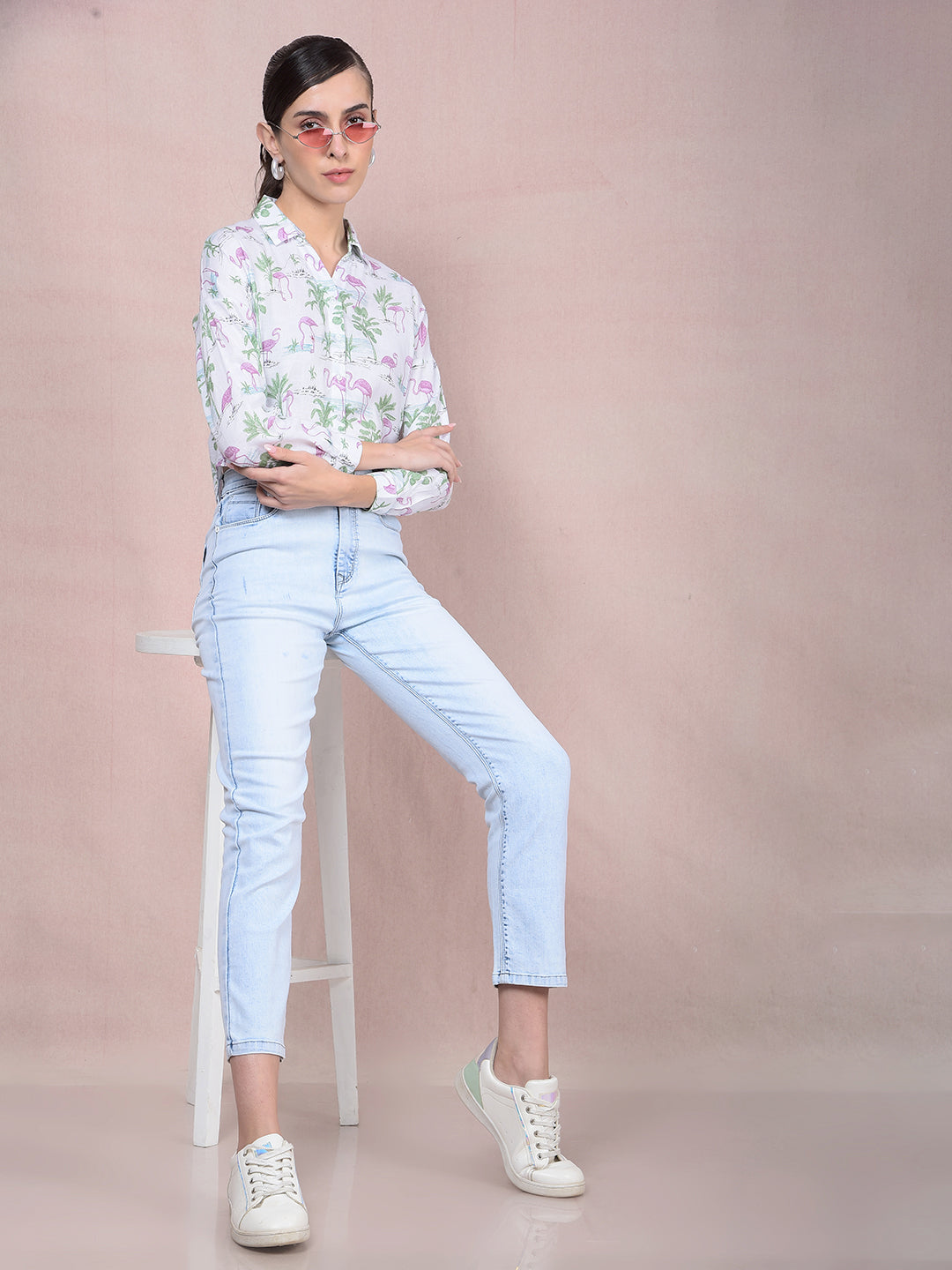 Green Floral Print Crop Linen Shirt-Women Shirts-Crimsoune Club