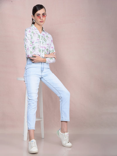 Green Floral Print Crop Linen Shirt-Women Shirts-Crimsoune Club