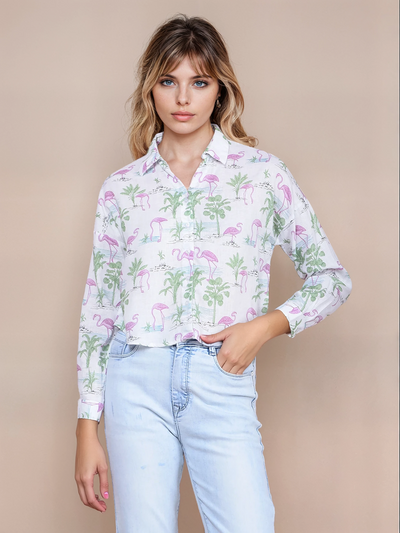Green Floral Print Crop Linen Shirt-Women Shirts-Crimsoune Club