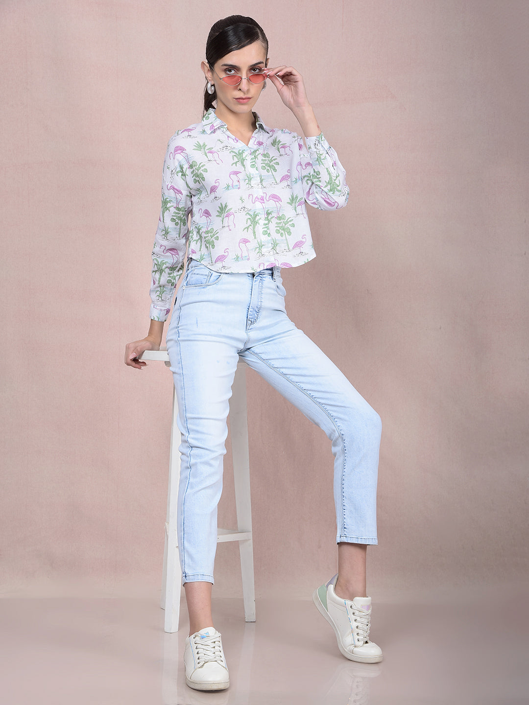 Green Floral Print Crop Linen Shirt-Women Shirts-Crimsoune Club