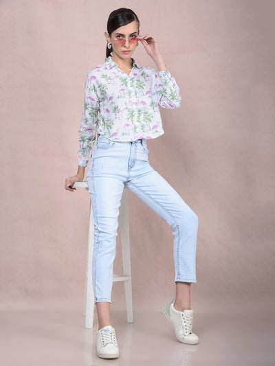 Green Floral Print Crop Linen Shirt-Women Shirts-Crimsoune Club