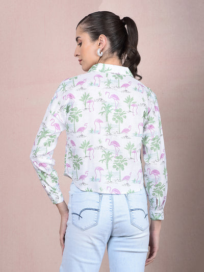 Green Floral Print Crop Linen Shirt-Women Shirts-Crimsoune Club
