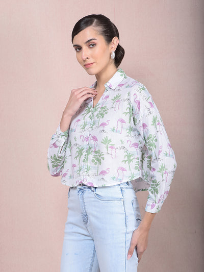 Green Floral Print Crop Linen Shirt-Women Shirts-Crimsoune Club