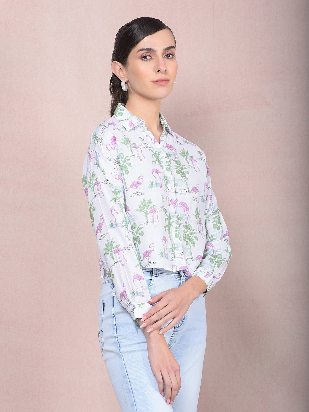 Green Floral Print Crop Linen Shirt-Women Shirts-Crimsoune Club