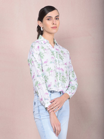 Green Floral Print Crop Linen Shirt-Women Shirts-Crimsoune Club