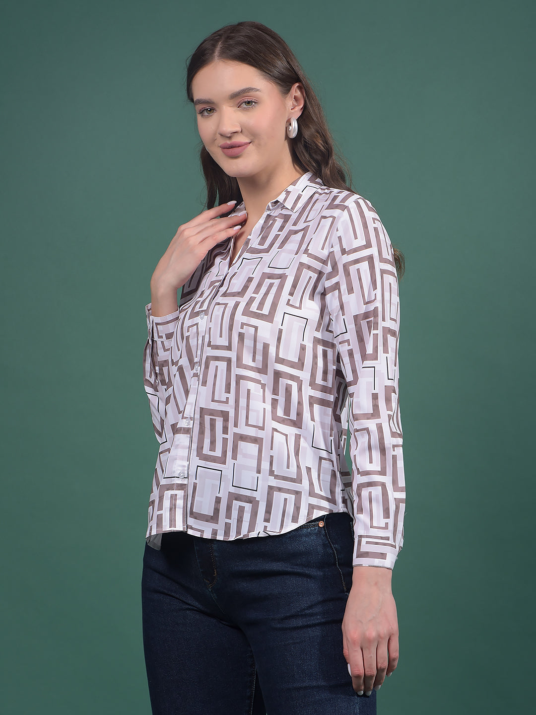 Olive Printed Shirt-Women Shirts-Crimsoune Club