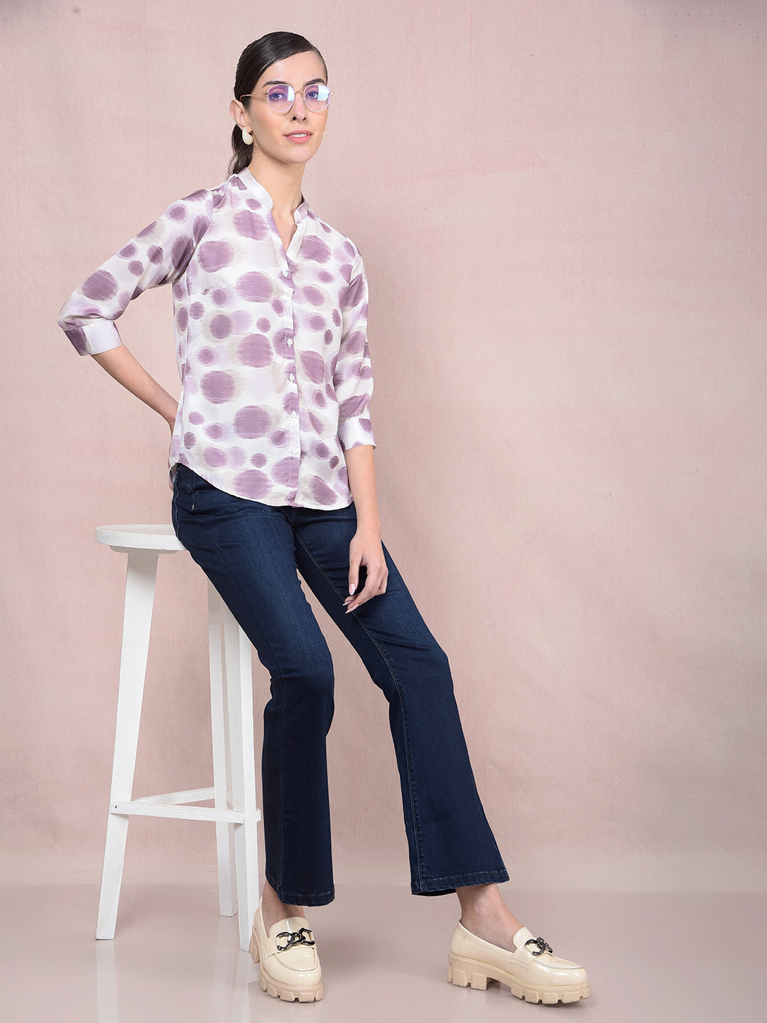 Purple Printed V-Neck Shirt-Women Shirts-Crimsoune Club