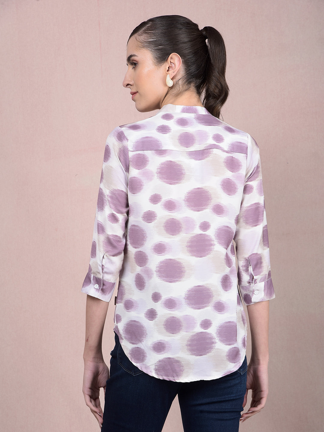 Purple Printed V-Neck Shirt-Women Shirts-Crimsoune Club