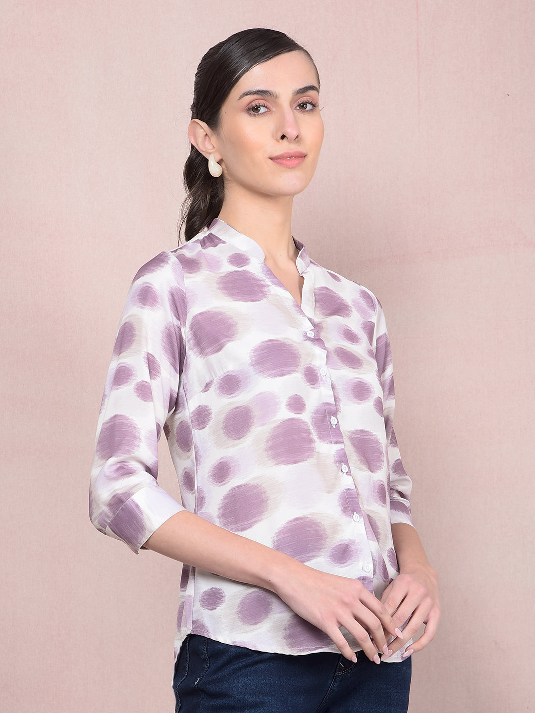 Purple Printed V-Neck Shirt-Women Shirts-Crimsoune Club