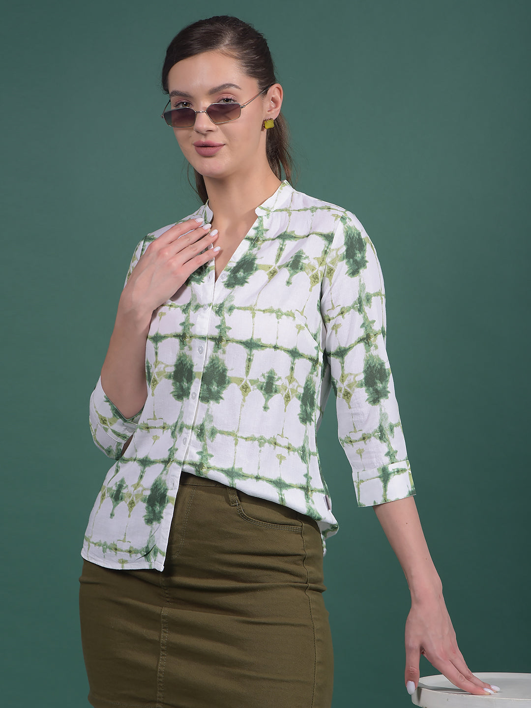 Green Printed Linen V-Neck Shirt-Women Shirts-Crimsoune Club
