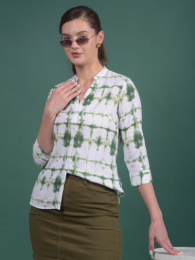 Green Printed Linen V-Neck Shirt-Women Shirts-Crimsoune Club