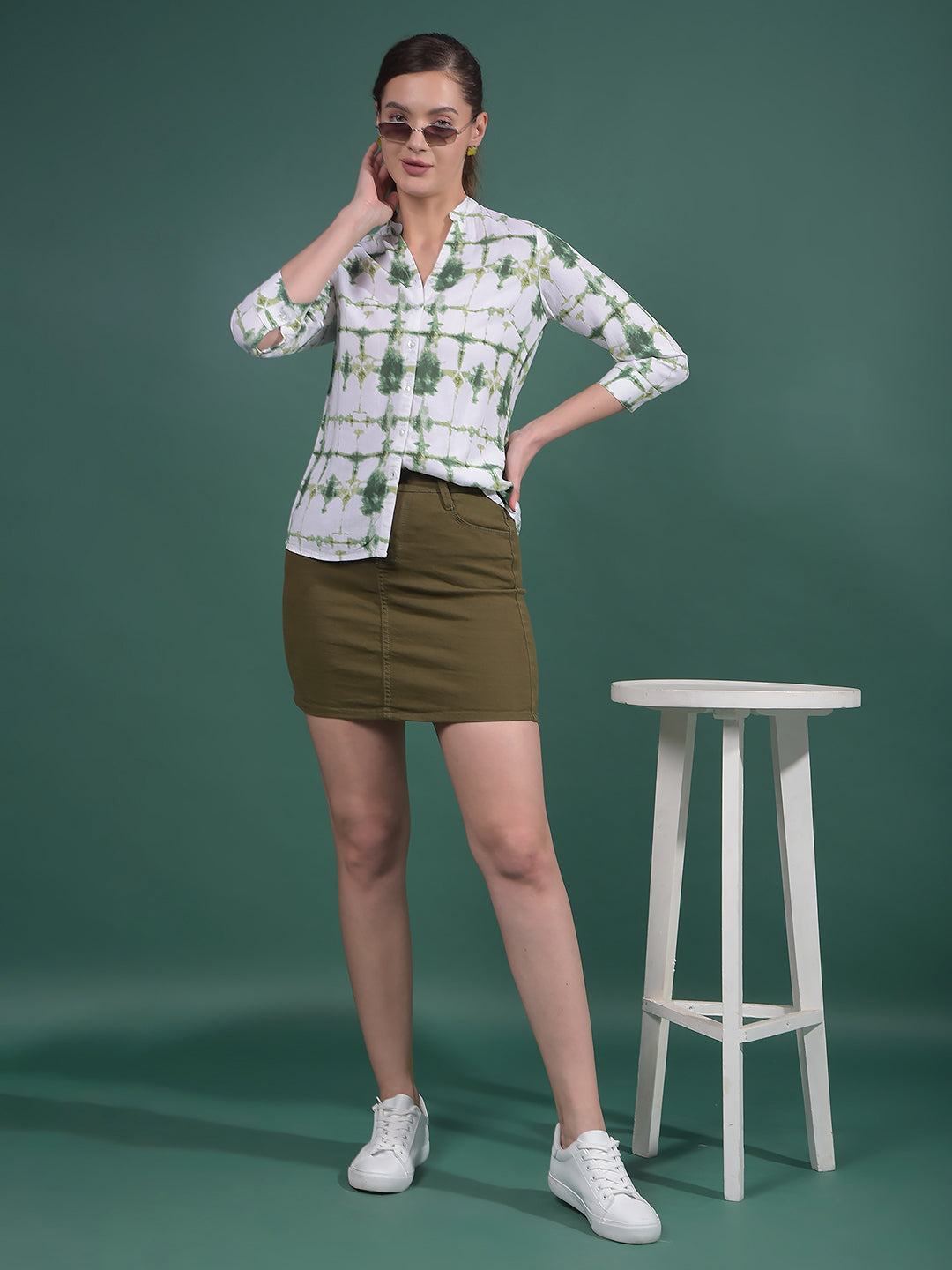 Green Printed Linen V-Neck Shirt-Women Shirts-Crimsoune Club