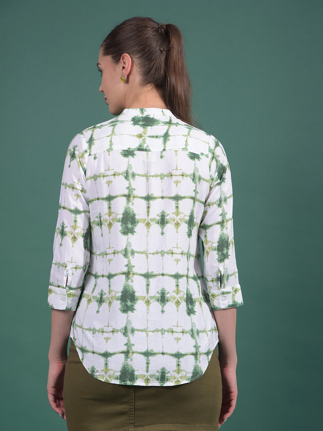 Green Printed Linen V-Neck Shirt-Women Shirts-Crimsoune Club