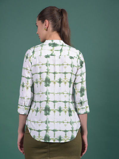Green Printed Linen V-Neck Shirt-Women Shirts-Crimsoune Club