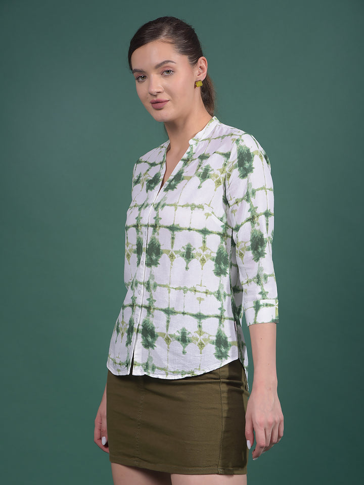Green Printed Linen V-Neck Shirt-Women Shirts-Crimsoune Club