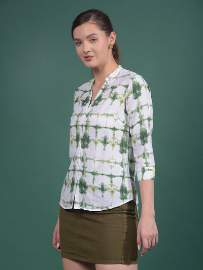Green Printed Linen V-Neck Shirt-Women Shirts-Crimsoune Club