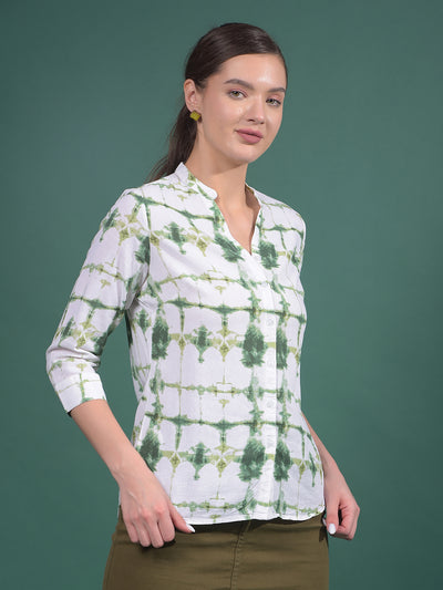 Green Printed Linen V-Neck Shirt-Women Shirts-Crimsoune Club