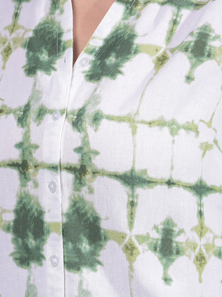 Green Printed Linen V-Neck Shirt-Women Shirts-Crimsoune Club