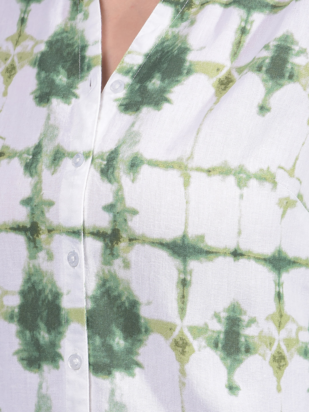 Green Printed Linen V-Neck Shirt-Women Shirts-Crimsoune Club