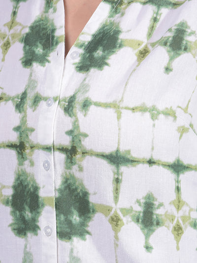 Green Printed Linen V-Neck Shirt-Women Shirts-Crimsoune Club
