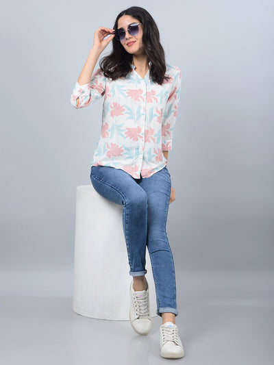 Pink Floral Print V-Neck Linen Shirt-Women Shirts-Crimsoune Club