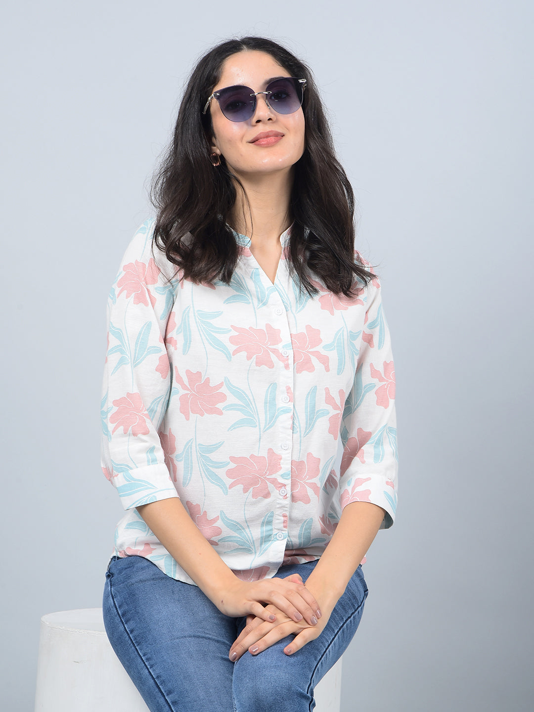Pink Floral Print V-Neck Linen Shirt-Women Shirts-Crimsoune Club