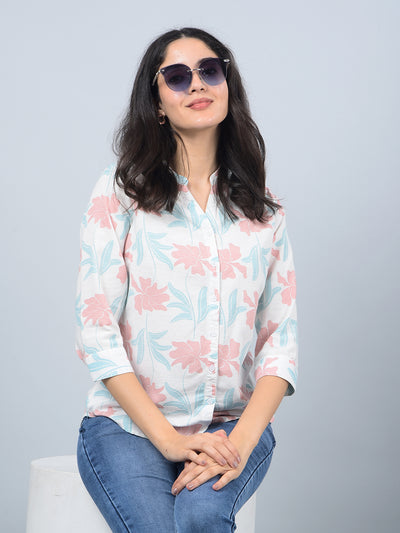 Pink Floral Print V-Neck Linen Shirt-Women Shirts-Crimsoune Club