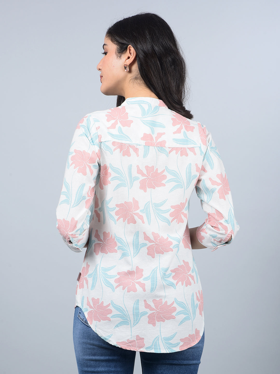 Pink Floral Print V-Neck Linen Shirt-Women Shirts-Crimsoune Club