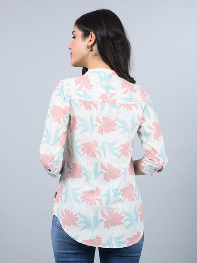 Pink Floral Print V-Neck Linen Shirt-Women Shirts-Crimsoune Club