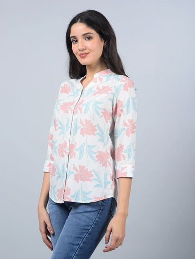 Pink Floral Print V-Neck Linen Shirt-Women Shirts-Crimsoune Club