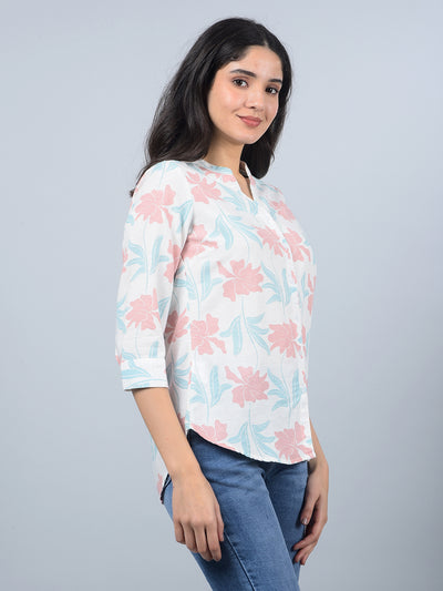 Pink Floral Print V-Neck Linen Shirt-Women Shirts-Crimsoune Club