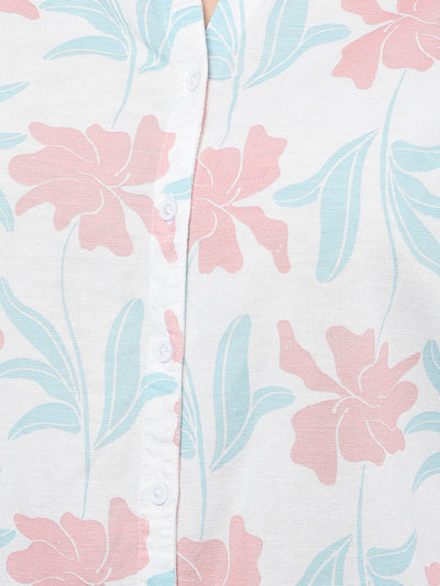 Pink Floral Print V-Neck Linen Shirt-Women Shirts-Crimsoune Club