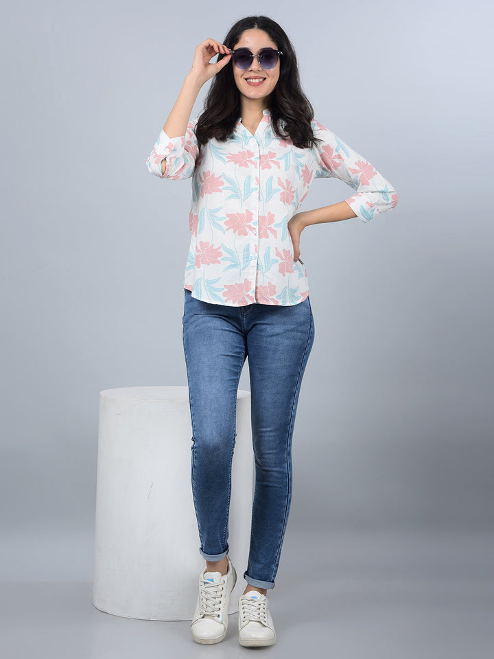 Pink Floral Print V-Neck Linen Shirt-Women Shirts-Crimsoune Club