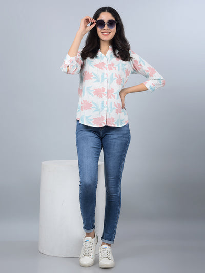 Pink Floral Print V-Neck Linen Shirt-Women Shirts-Crimsoune Club