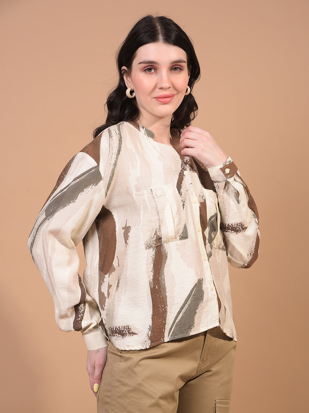 Women's Brown Printed Shirt-Women Shirts-Crimsoune Club