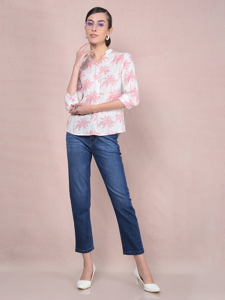 Peach Floral Print V-Neck Linen Shirt-Women Shirts-Crimsoune Club