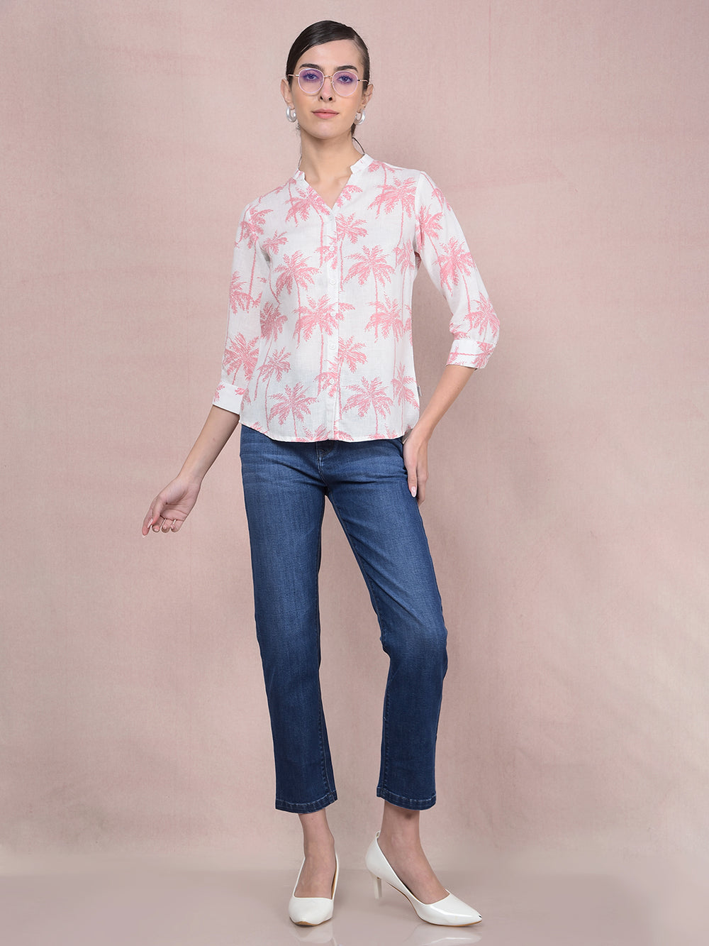 Peach Floral Print V-Neck Linen Shirt-Women Shirts-Crimsoune Club