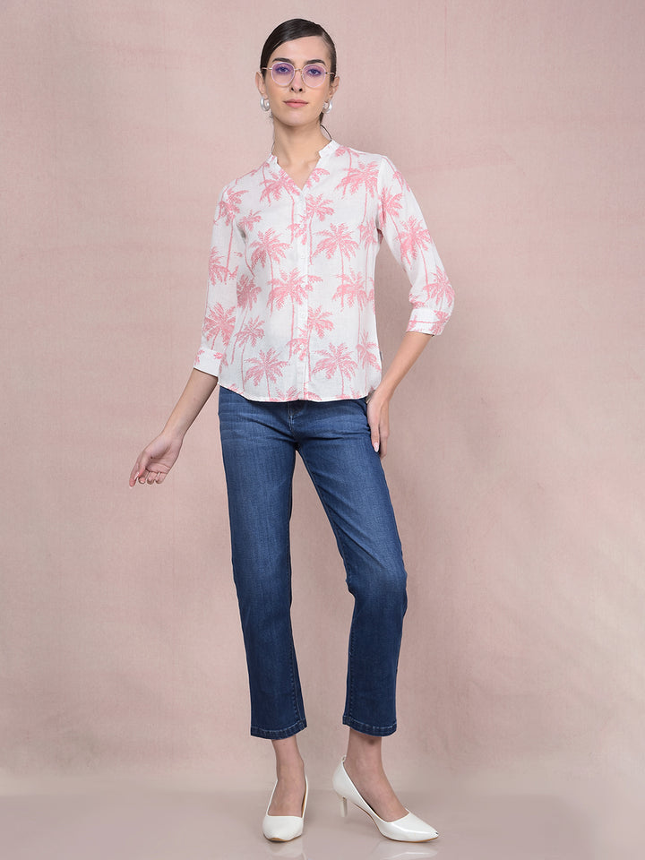 Peach Floral Print V-Neck Linen Shirt-Women Shirts-Crimsoune Club